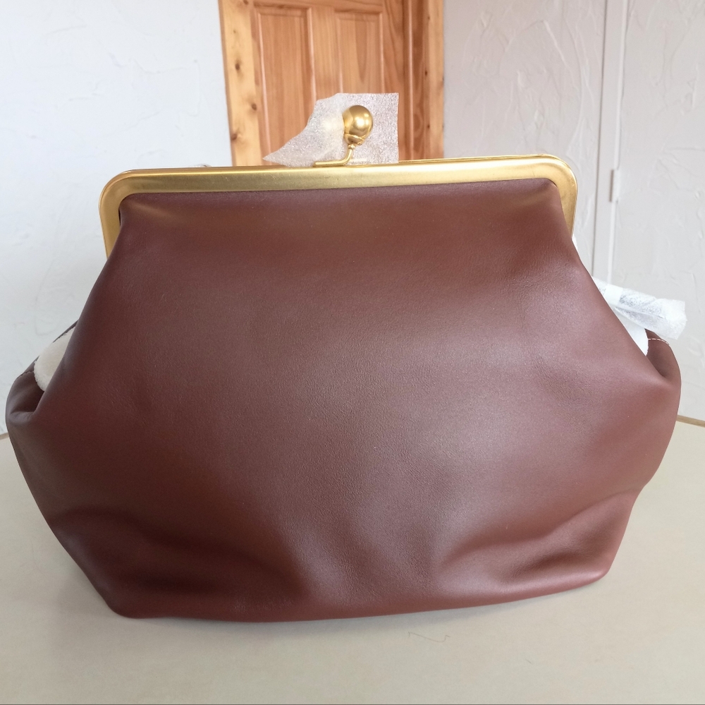 Coach Large Leather Kisslock Frame Shoulder Clutch Bag, Brown - Picture 8 of 14